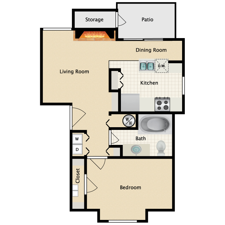Floor plan for 1 bed, 1 bath, 695 sqft